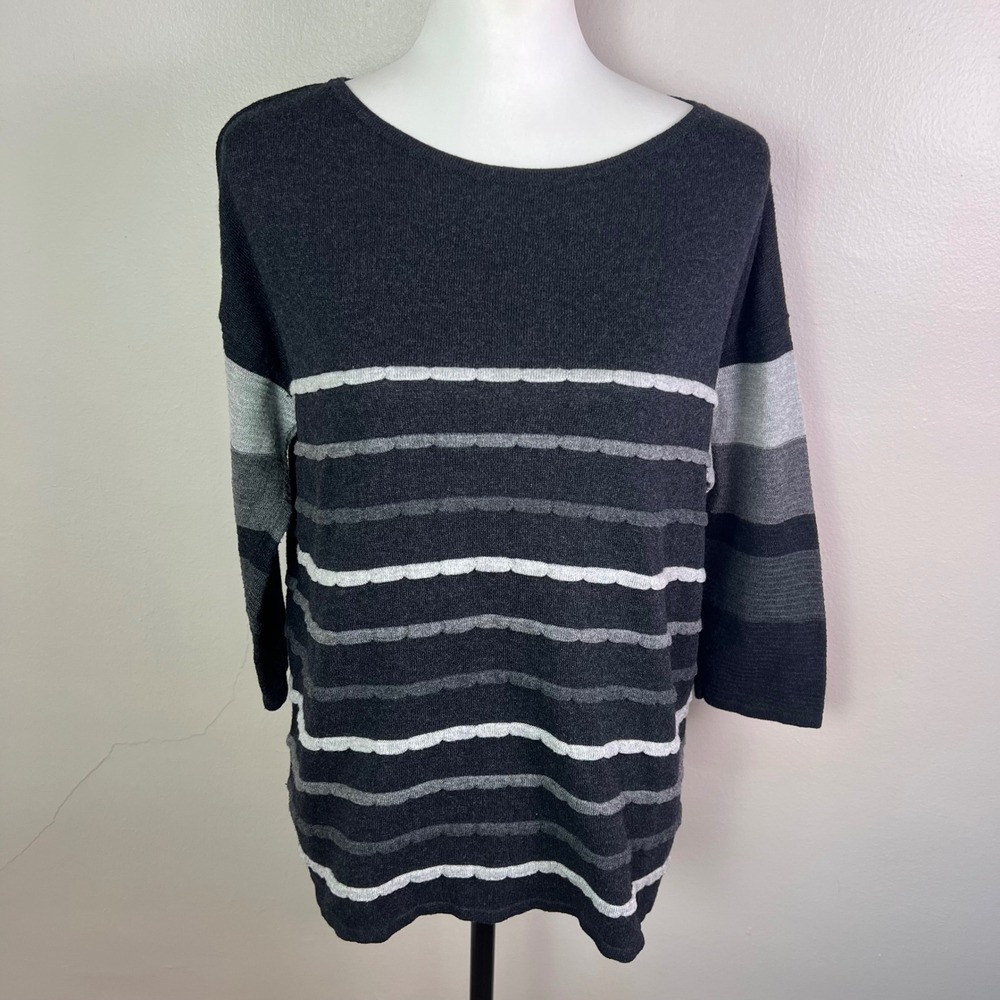Chico's Striped Cashmere Blend Sweater 1 (M/8) Grey Dark Academia Knit Pullover